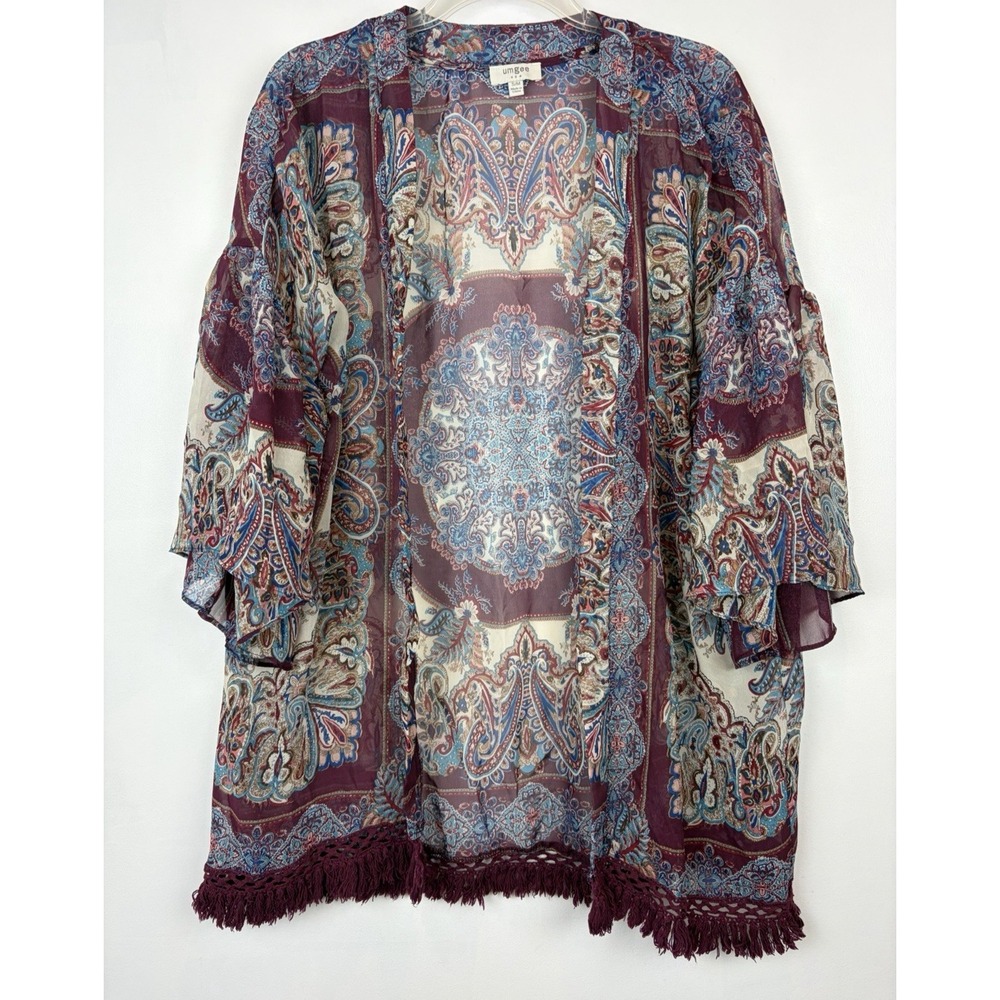 Umgee Burgundy Floral Kimono Womens Small M Flowy Open Boho Lightweight Layer